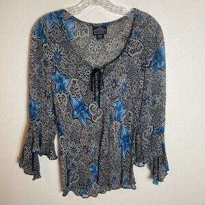 Angie Womens Large Blue Floral Bell Sleeve Boho Peasant Top Rayon Tie Neck 2910